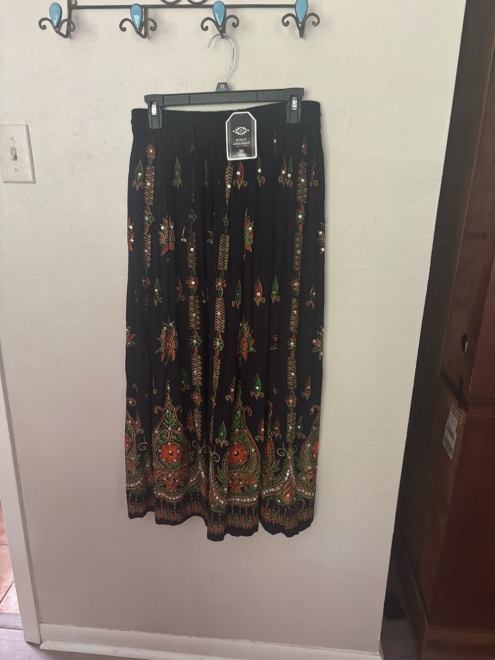 Black Maxi Skirt with Orange & Green Border Print